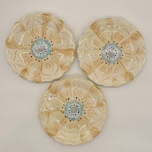 Three Pier 1 Cassidy Salad‎ Dessert Plates Crème (Cream) With Blue Flower 7.5"